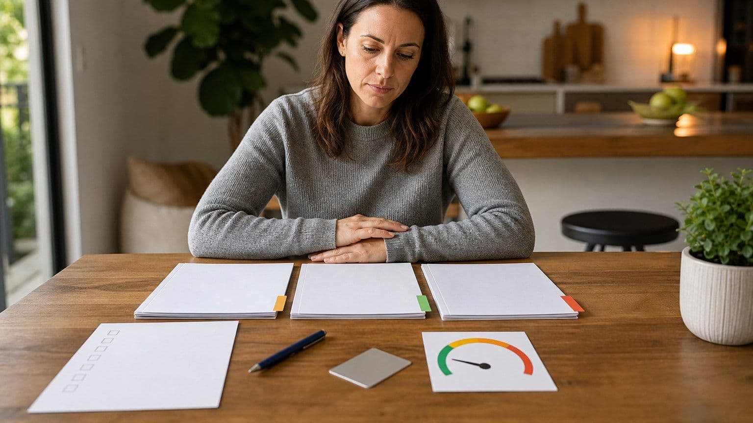A woman reviews three blank credit report packets, a checklist, and a score gauge at a kitchen table.