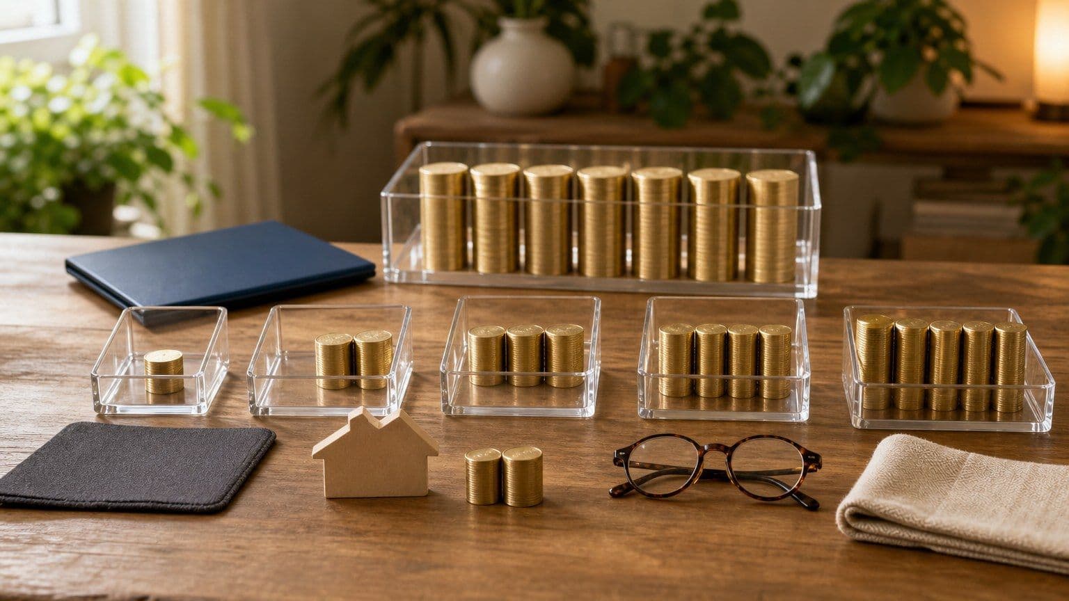 Clear retirement-account trays hold increasing savings tokens across career stages, with one oversized tray illustrating how large balances affect averages.