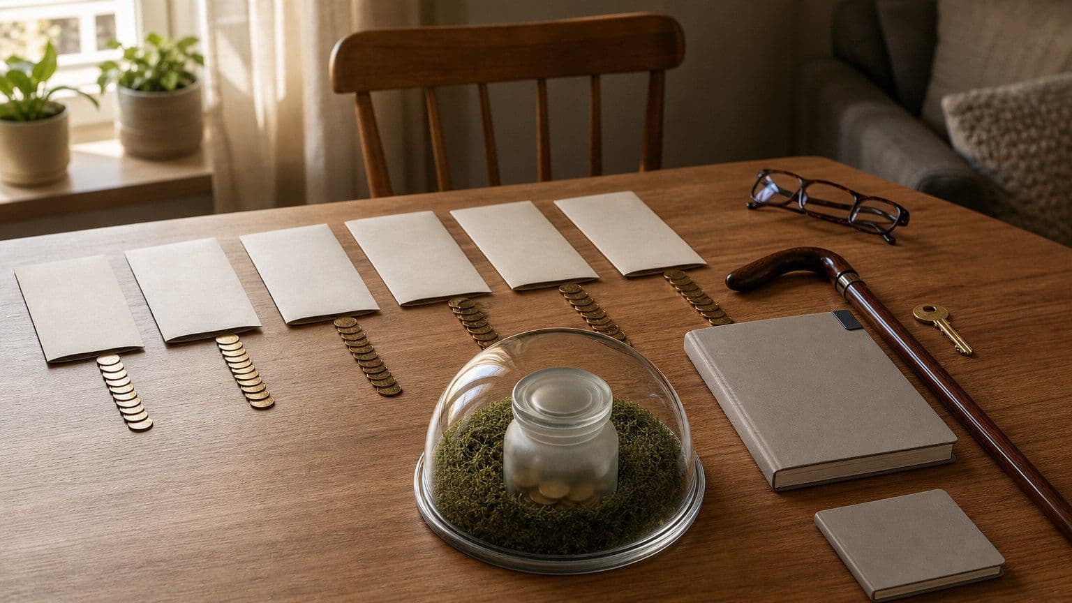 A retirement contribution planning table with blank envelopes, a protected savings jar, and retirement props.