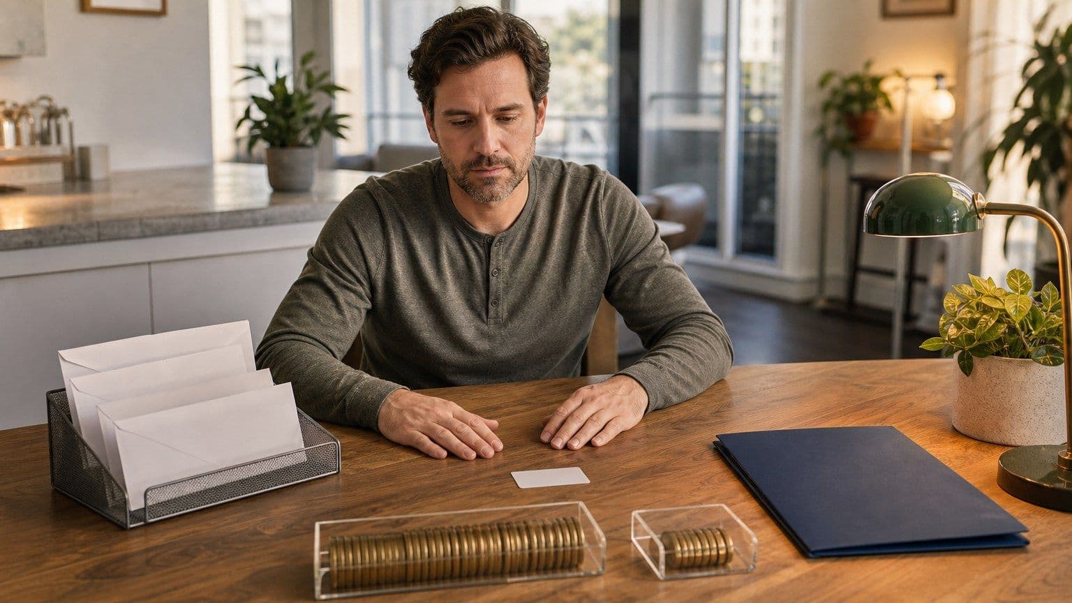 A person organizes blank credit card statements and payment trays at a kitchen table.
