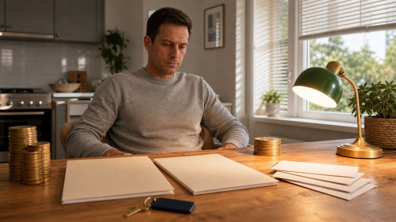 American homeowner compares mortgage refinance offers at a kitchen table with house keys, blank folders, and payment stacks.
