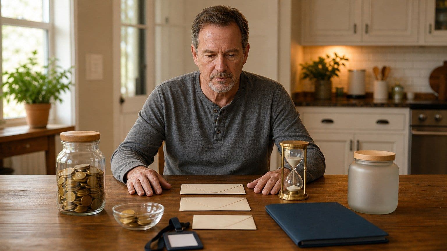 An older adult reviews retirement withdrawal timing at a kitchen table with savings jars, blank envelopes, and an hourglass.