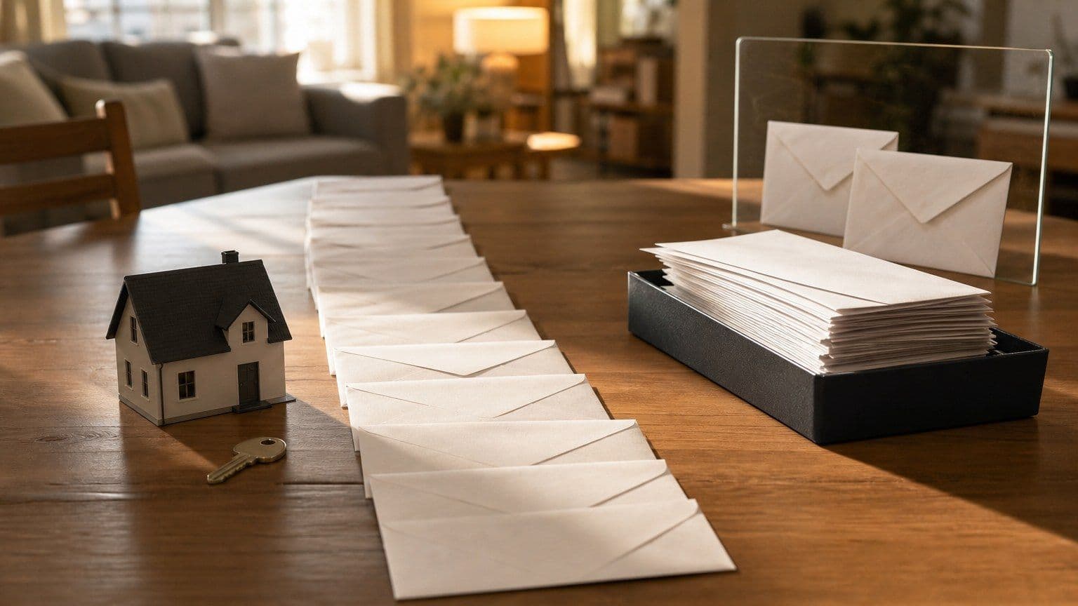 A model suburban house, key, and long row of blank mortgage payment envelopes sit on a finance table.