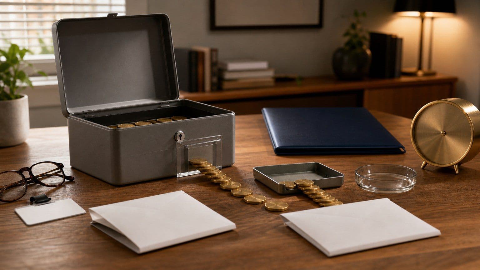 A retirement cashbox sends savings tokens toward blank rollover, cash, tax, and hardship paths on a workplace benefits desk.