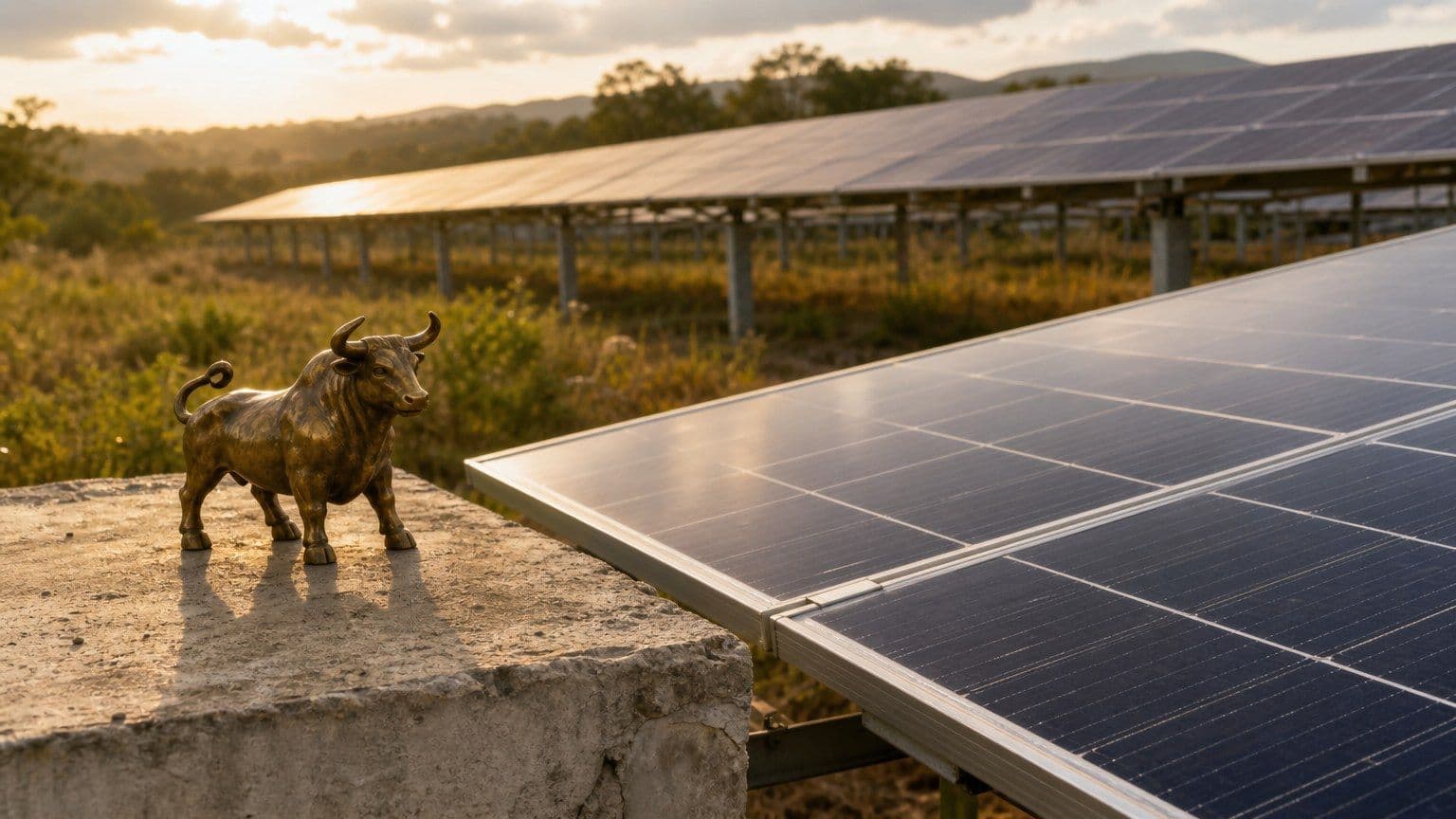 A small brass bull stands beside photovoltaic panels at a solar farm in warm afternoon light.