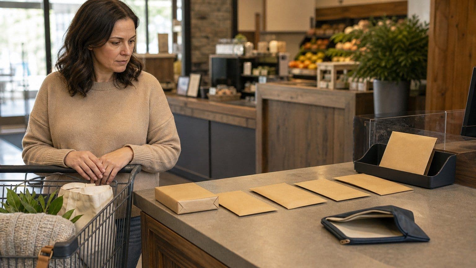 A shopper considers a parcel split into four blank buy-now-pay-later installments at checkout.