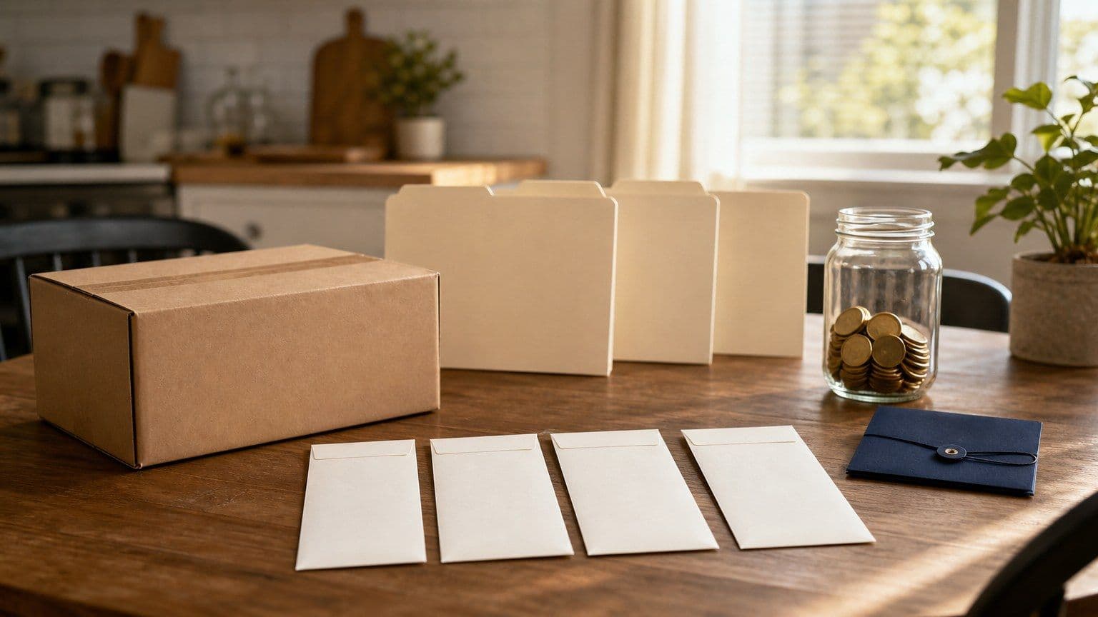 Blank installment envelopes, credit folders, a parcel, and a budget jar on a kitchen table.
