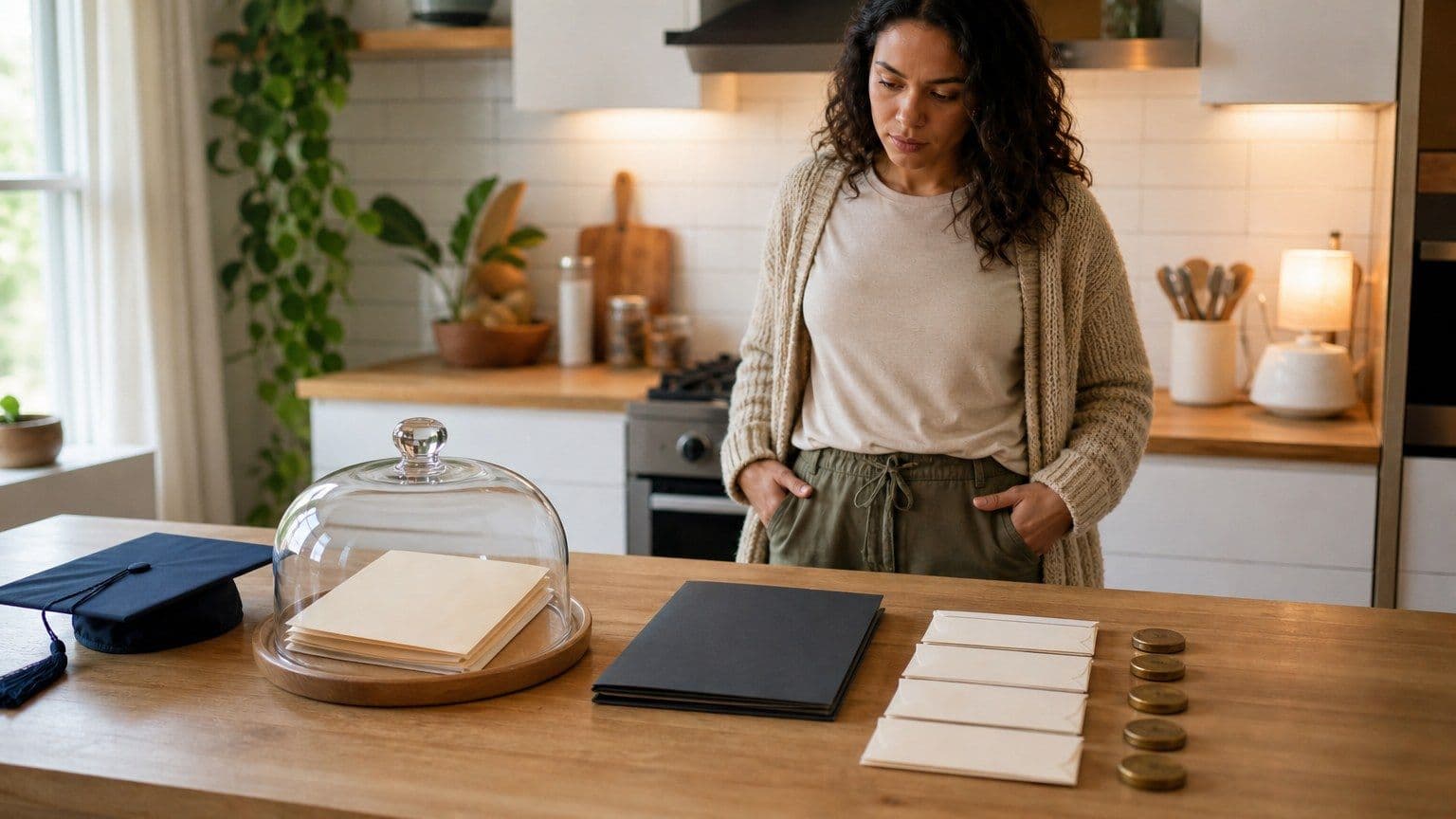 Borrower comparing protected federal student loan documents with a private refinance folder at a kitchen counter.