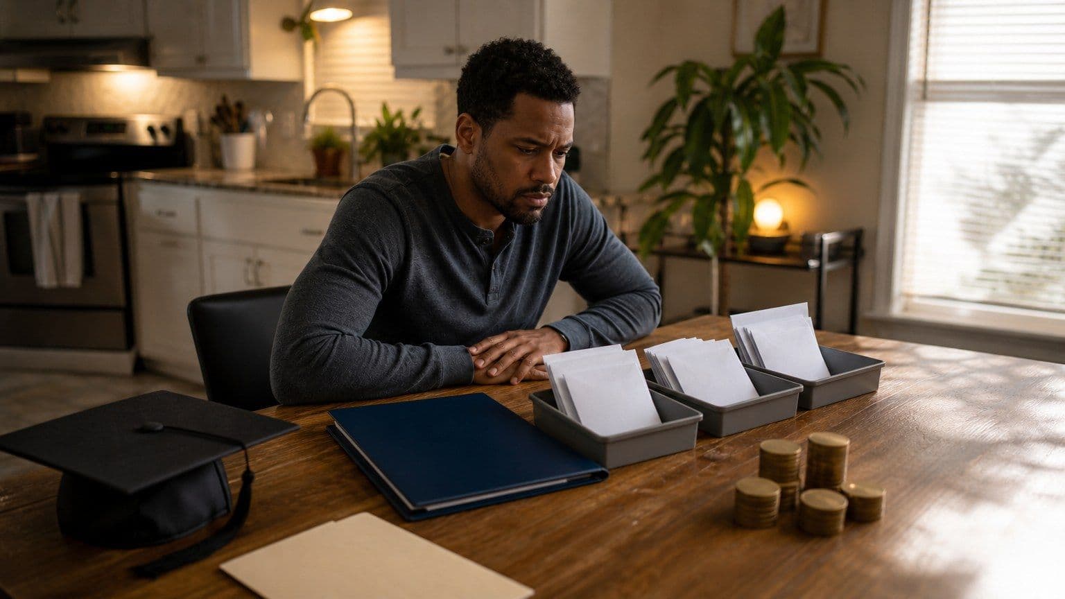A kitchen table scene with federal student loan statements, college financial aid forms, and a borrower reviewing repayment paperwork.