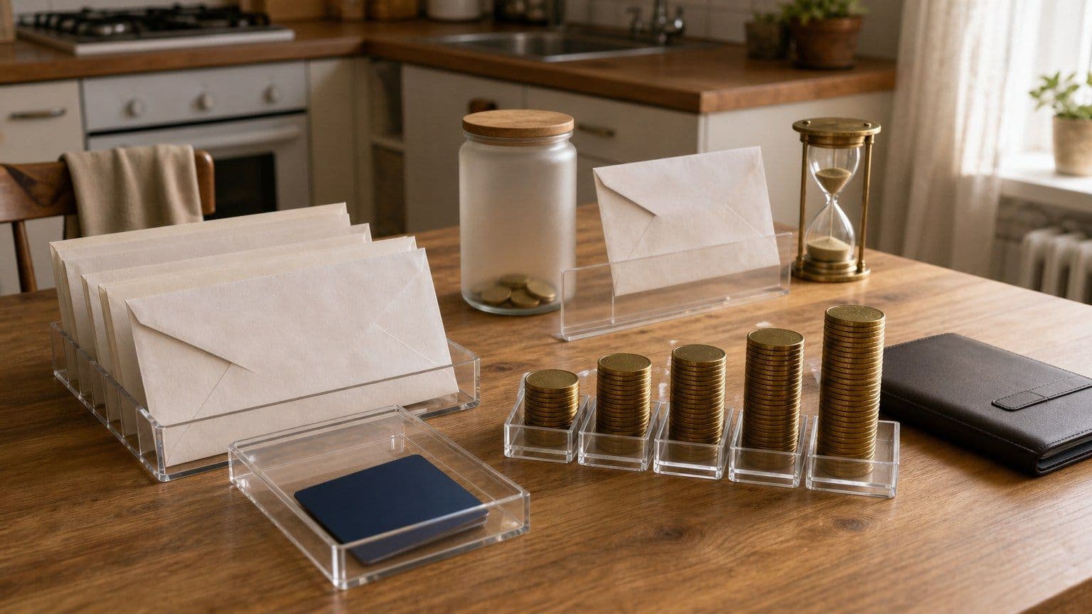 Still life of blank credit card debt materials on a kitchen table, including sealed envelopes, repayment trays, and a small budget jar.