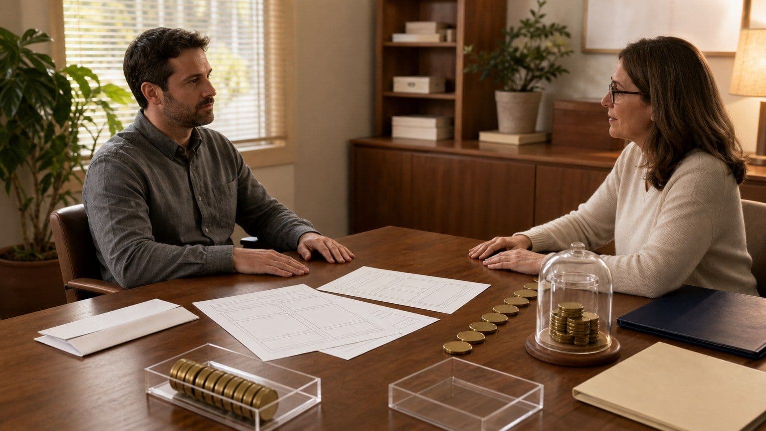 Two people review blank tax forms and retirement savings on a warm tax planning desk.