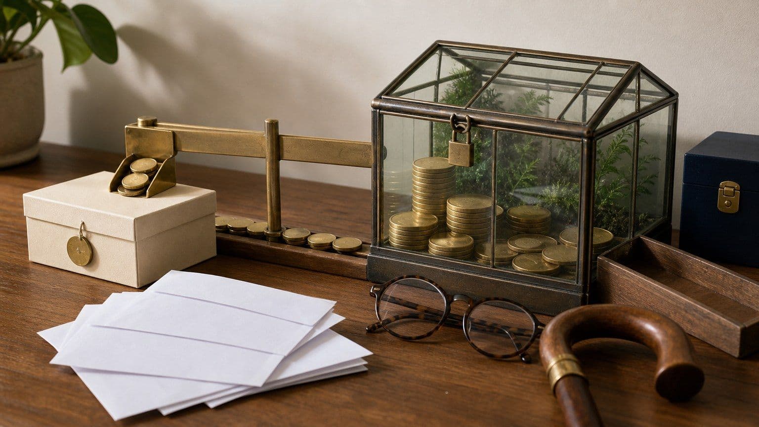 Payroll contributions pass a tax gate into a protected retirement savings vessel with a separate withdrawal tray.