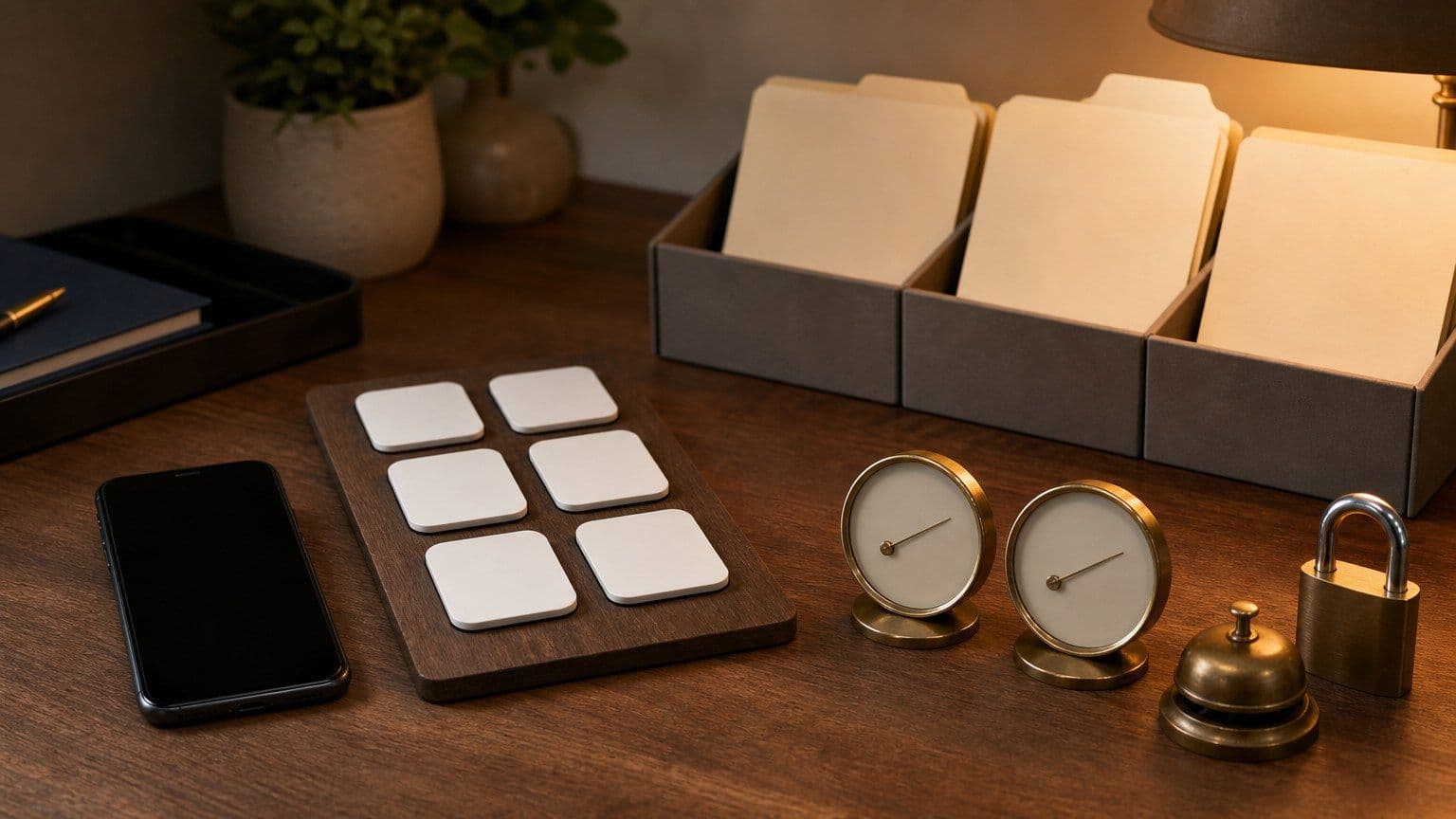 A blank-screen phone with app tiles, credit-file folders, score dials, a padlock, and an alert bell on a desk.