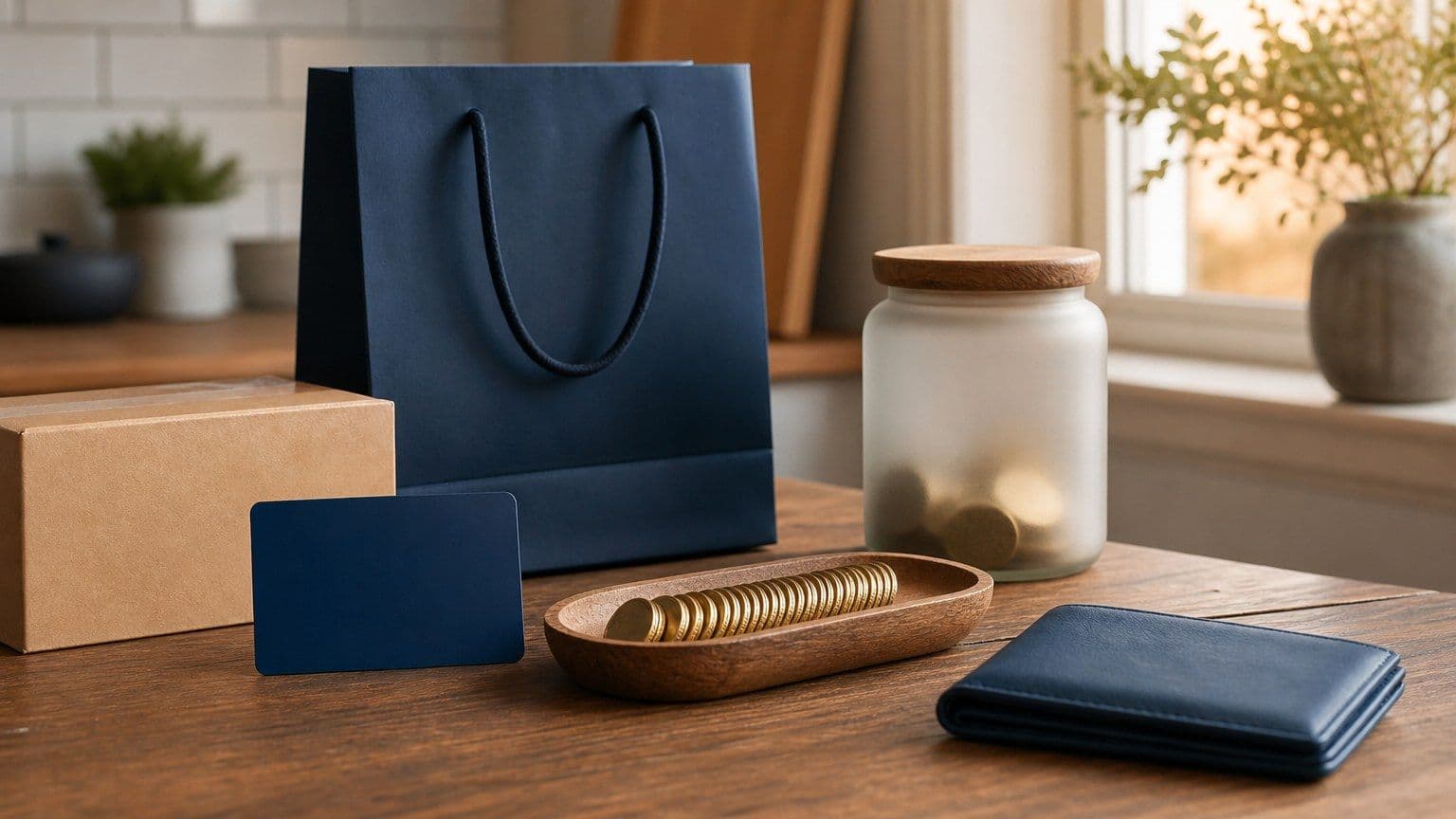 A blank navy payment card, shopping bag, parcel, and cashback savings jar arranged on a warm kitchen table.