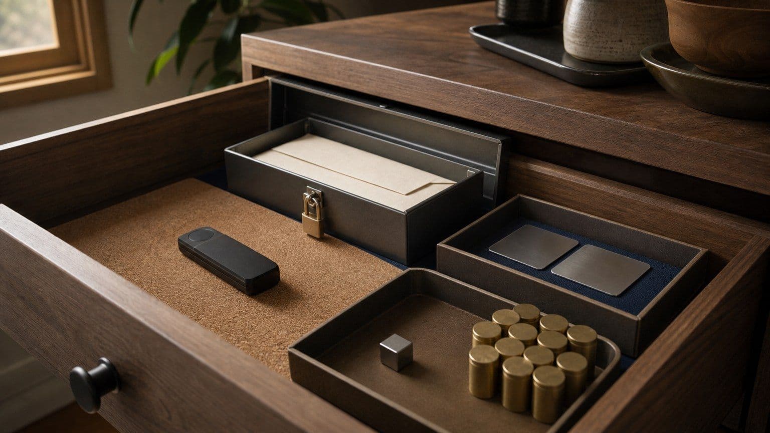 A hardware crypto wallet, recovery envelope, backup plates, and test funds are arranged for secure first-time setup.