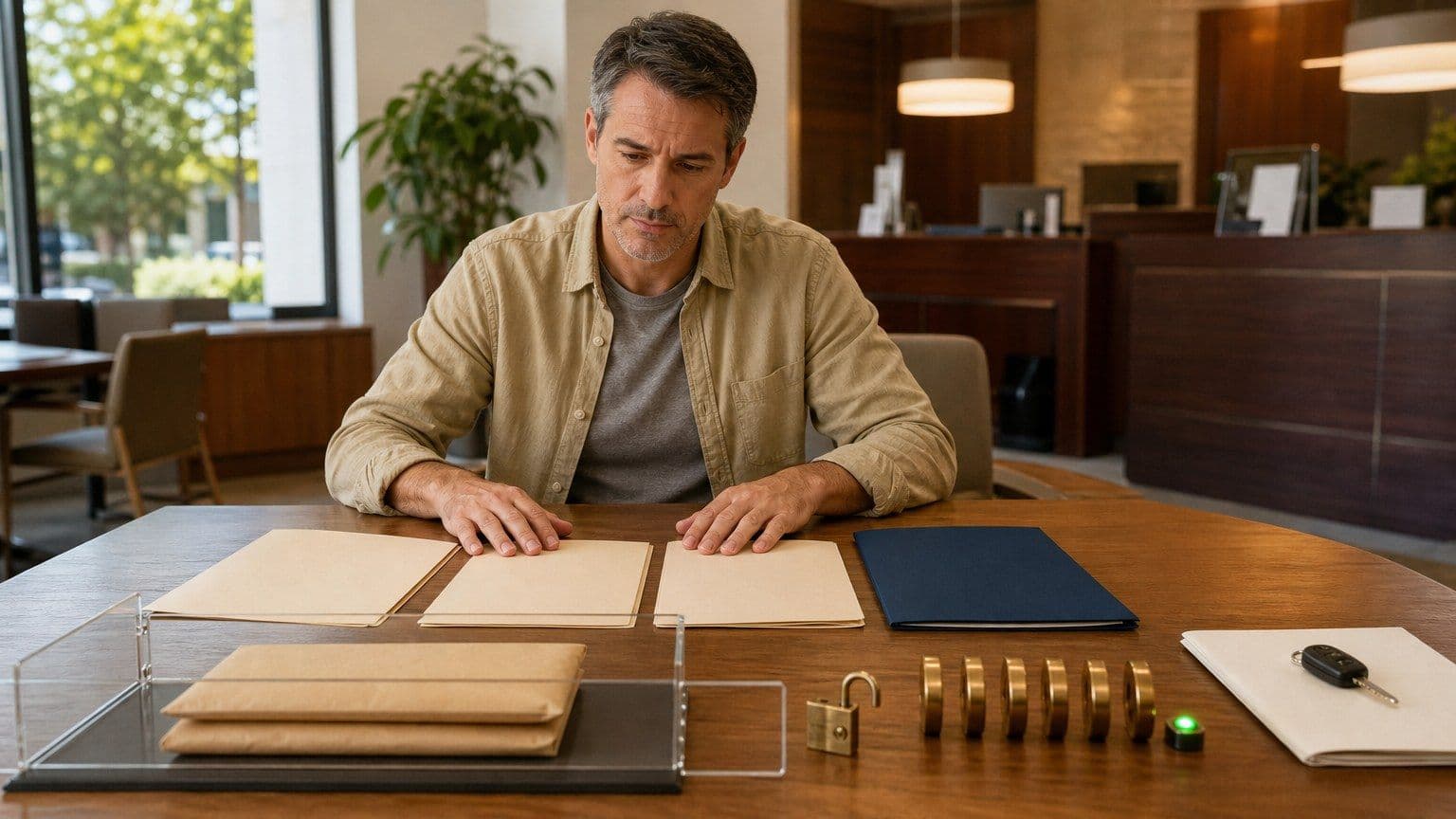 An American borrower compares blank loan offers beside repayment tokens, an open padlock, and a car key at a credit union.