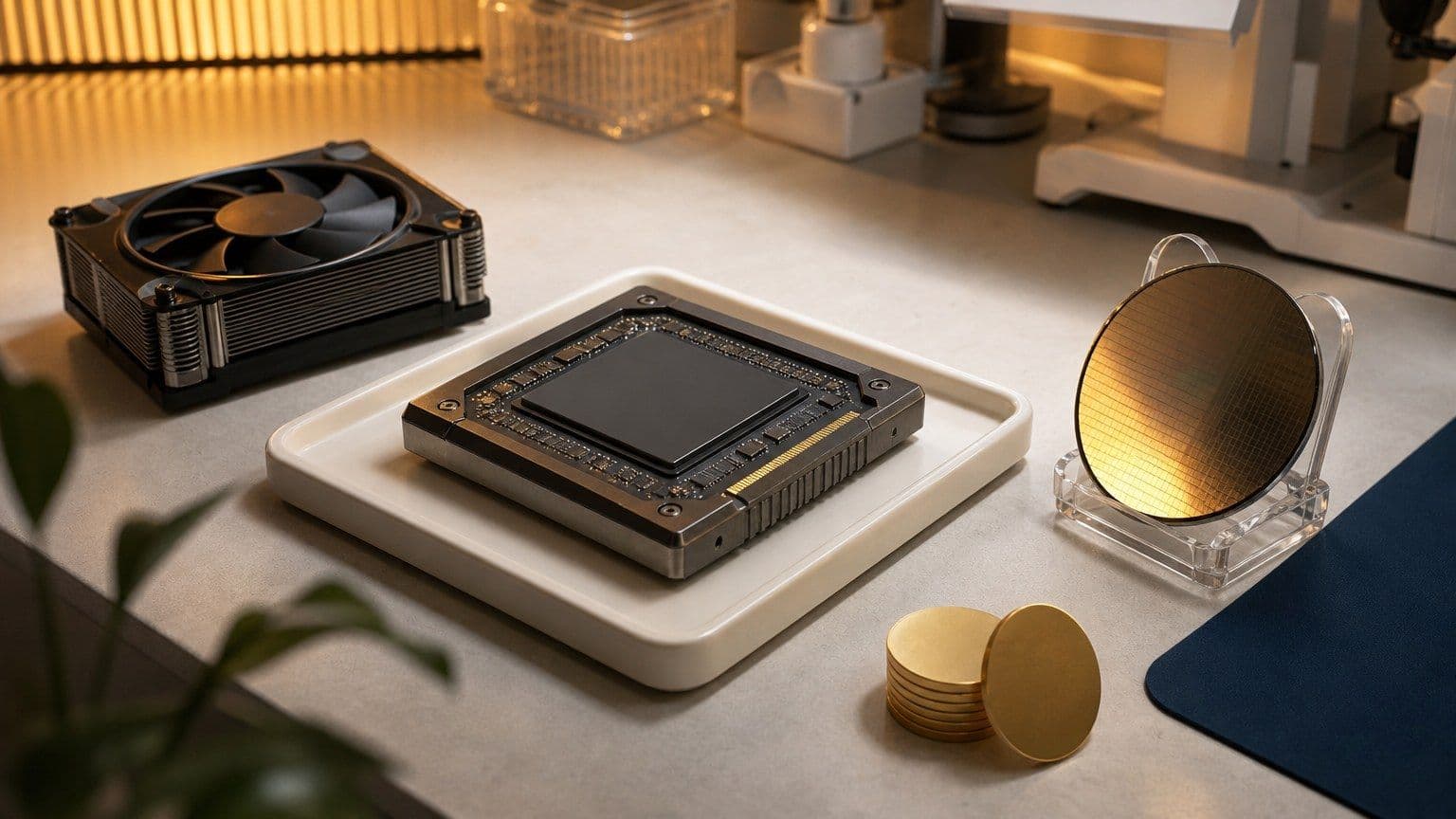 A blank semiconductor chip and silicon wafer sit on a lab bench with a few investment tokens.