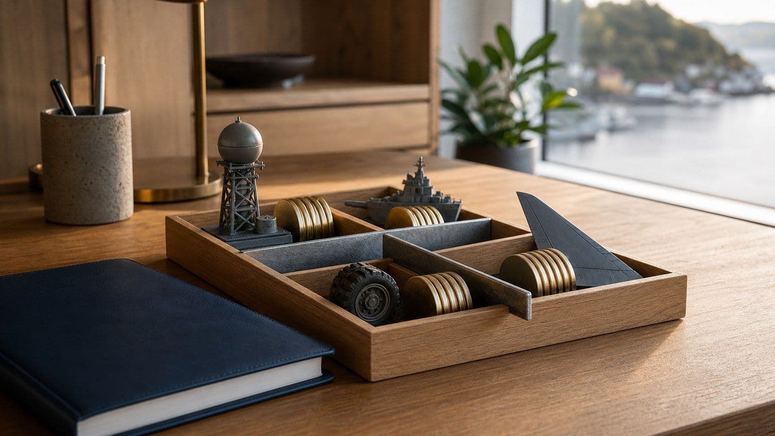 A divided investment tray pairs brass portfolio discs with unbranded radar, naval, aircraft, and armored-vehicle components.
