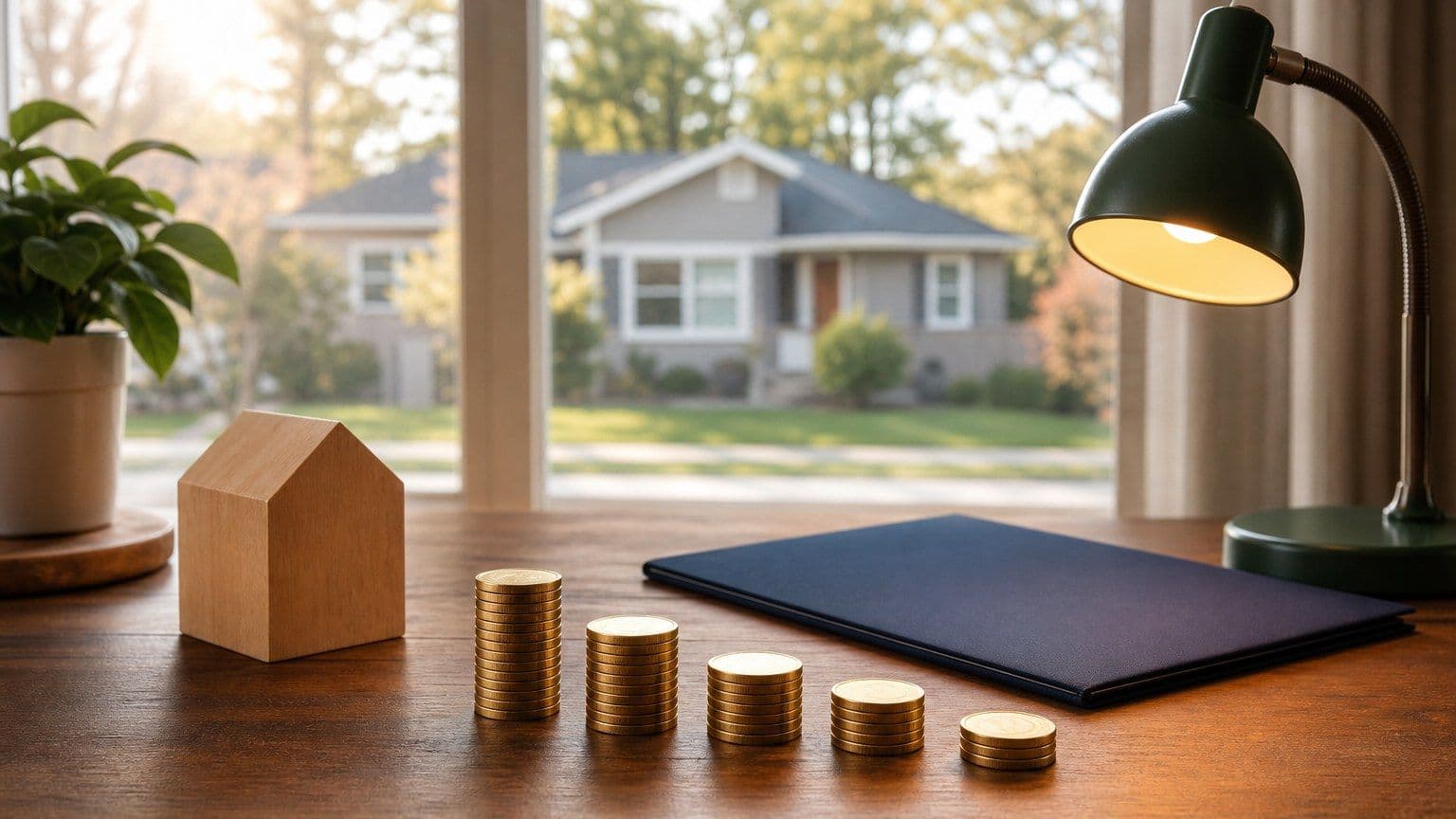 A blank mortgage folder, unmarked house model, and descending payment stacks on a kitchen table.