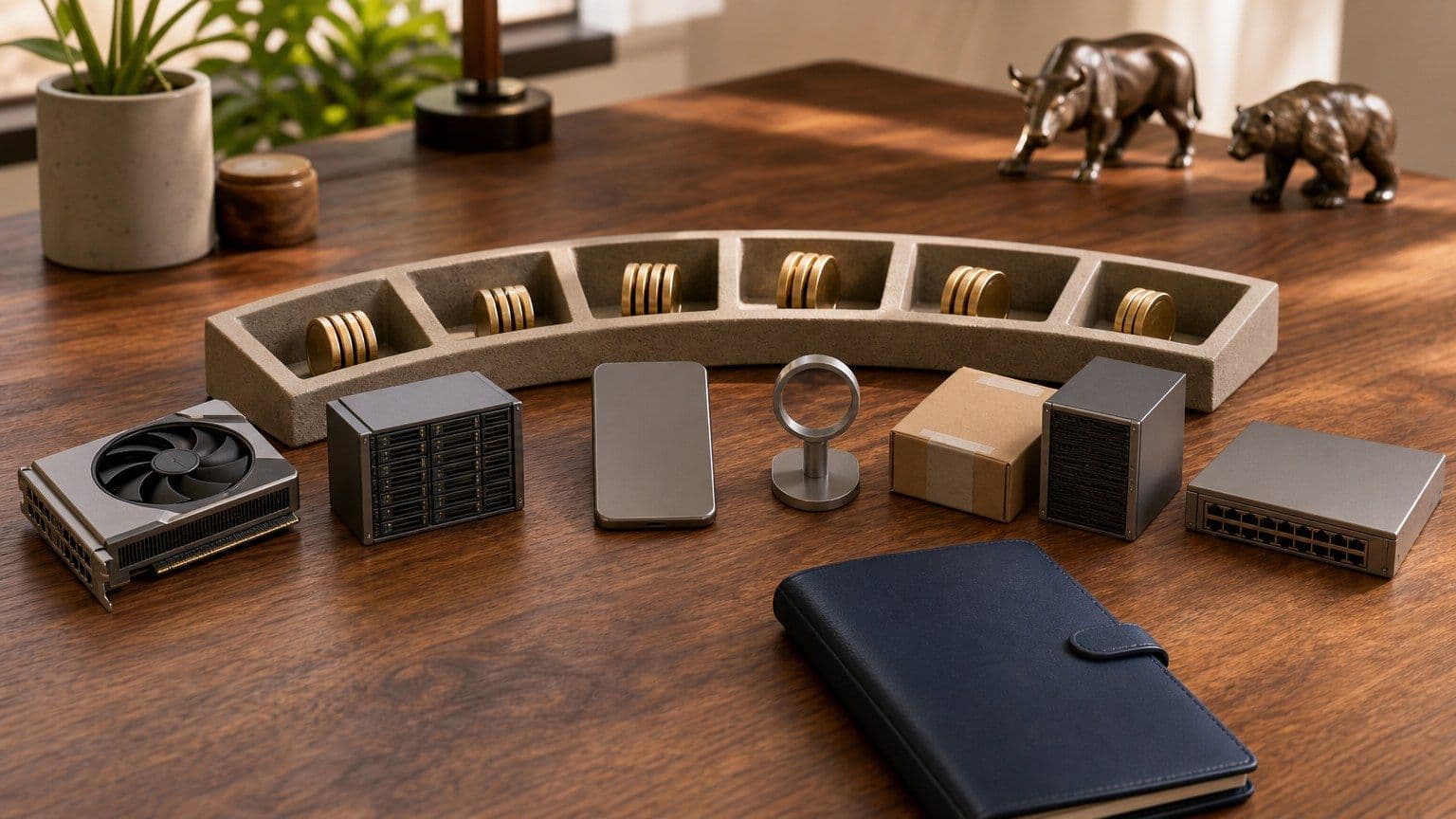 Six unbranded technology objects arranged in separate stock research compartments on an investment table.
