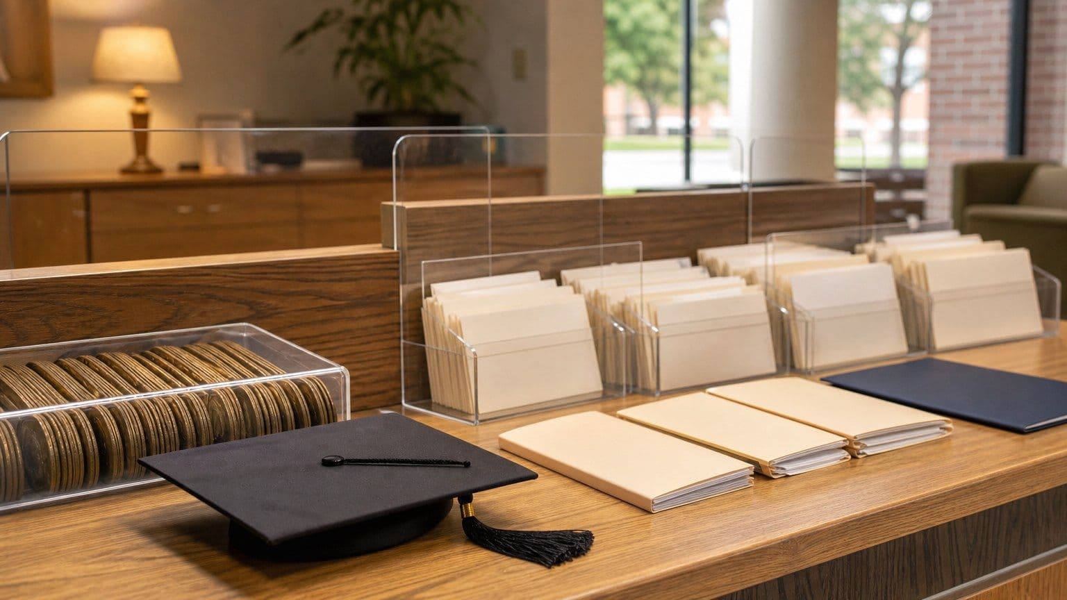 A graduation cap sits beside federal student-loan payment and delinquency trays.