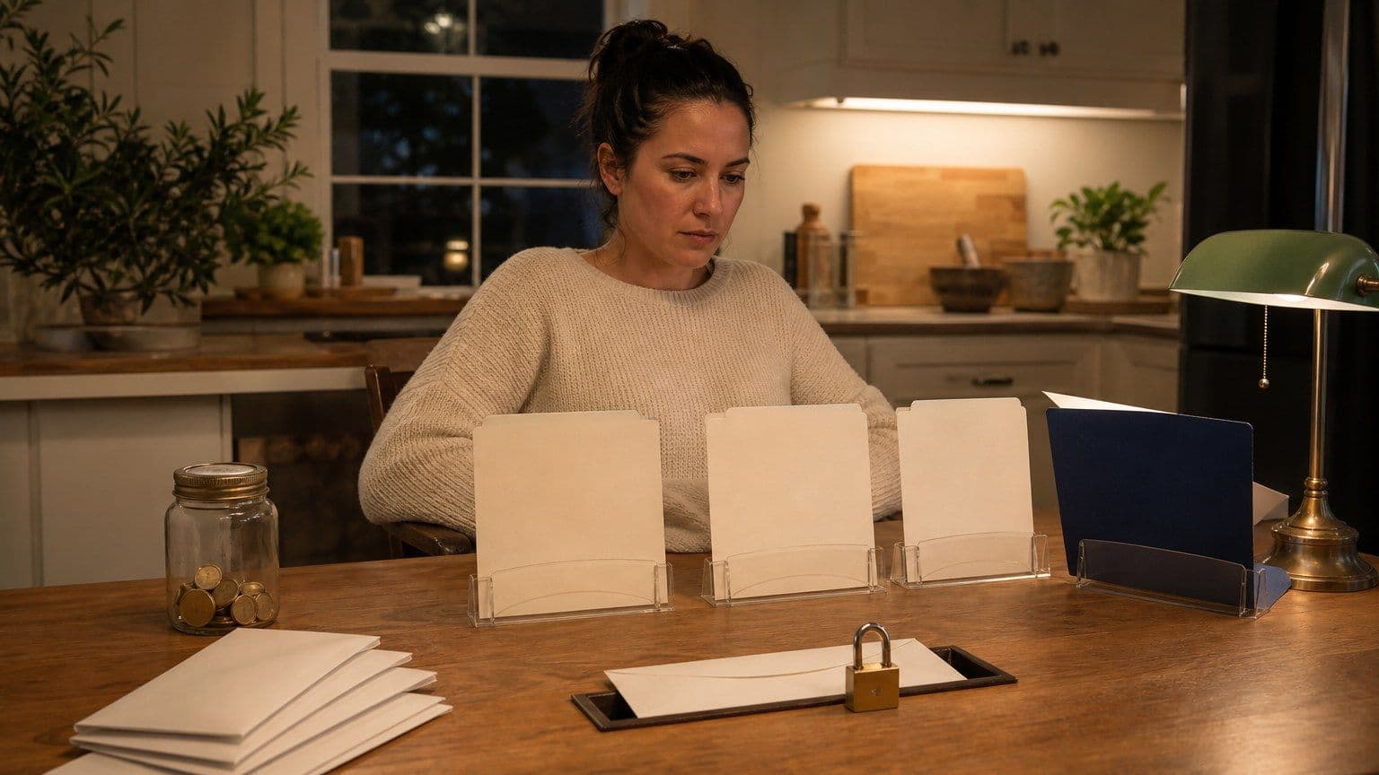 An American borrower compares blank bad-credit loan folders at a kitchen table, with a separate advance-fee envelope stopped by a padlock.