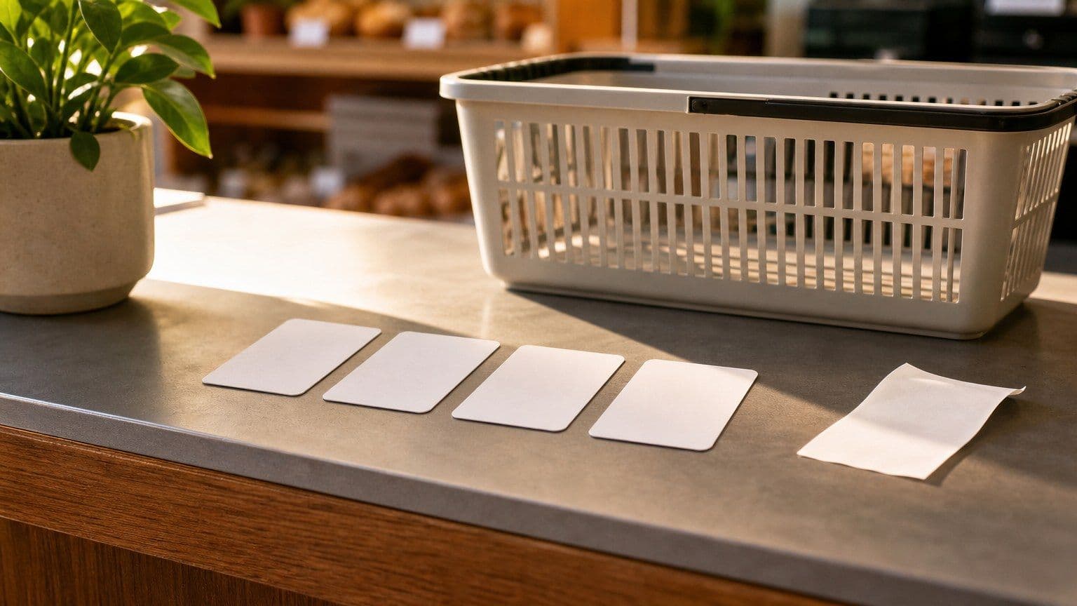 A retail checkout still life with blank installment cards, a shopping basket, and a plain receipt.