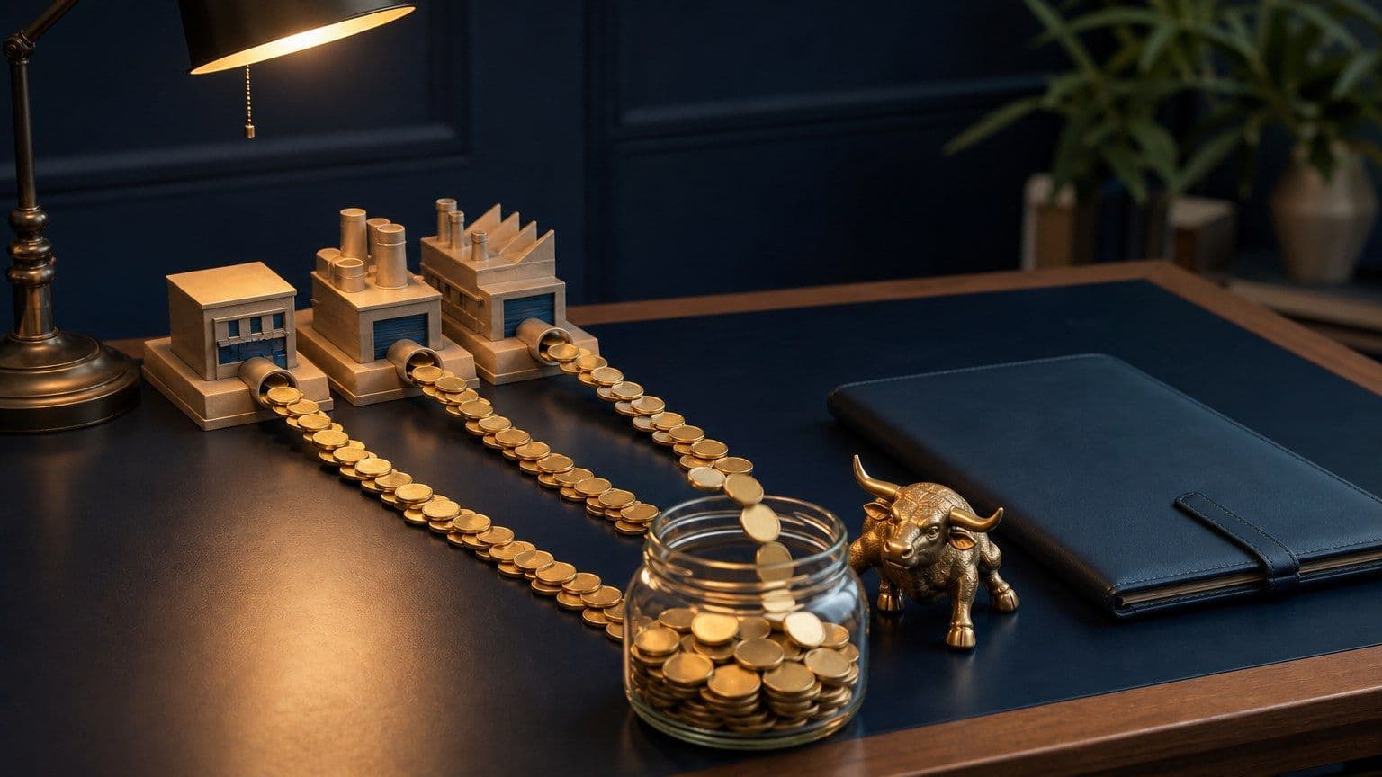 Unbranded company models send brass dividend tokens into an investor income jar.