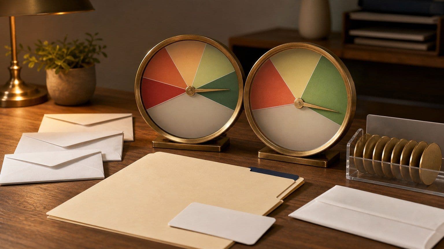 Two unlabeled credit score dials sit on a finance desk with blank bureau envelopes and approval documents.