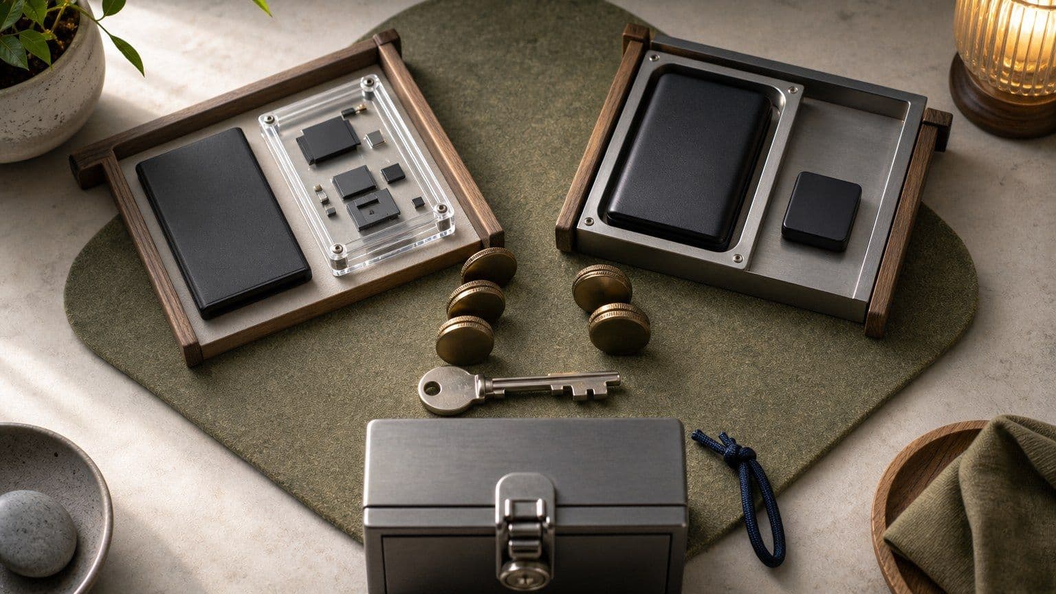 Two unbranded hardware wallets sit in separate custody bays beside security components, investment discs, a key, and a locked box.