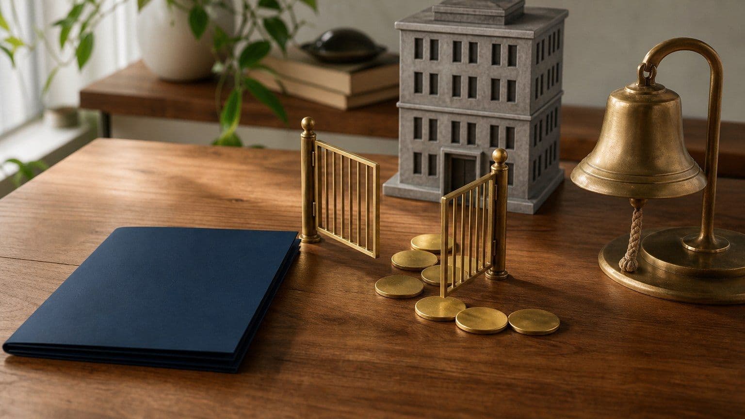 A private-company model stands behind an open brass listing gate leading to a stock-exchange bell and public investors.