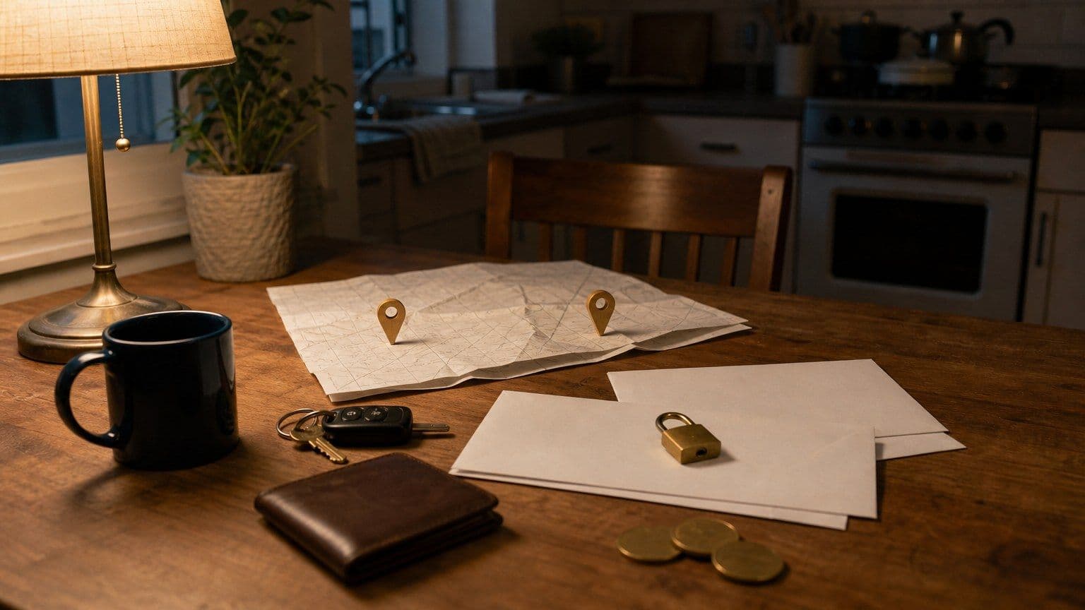 Unlabeled local map, blank loan envelopes, car keys, wallet, padlock, and coins on a kitchen table at night.