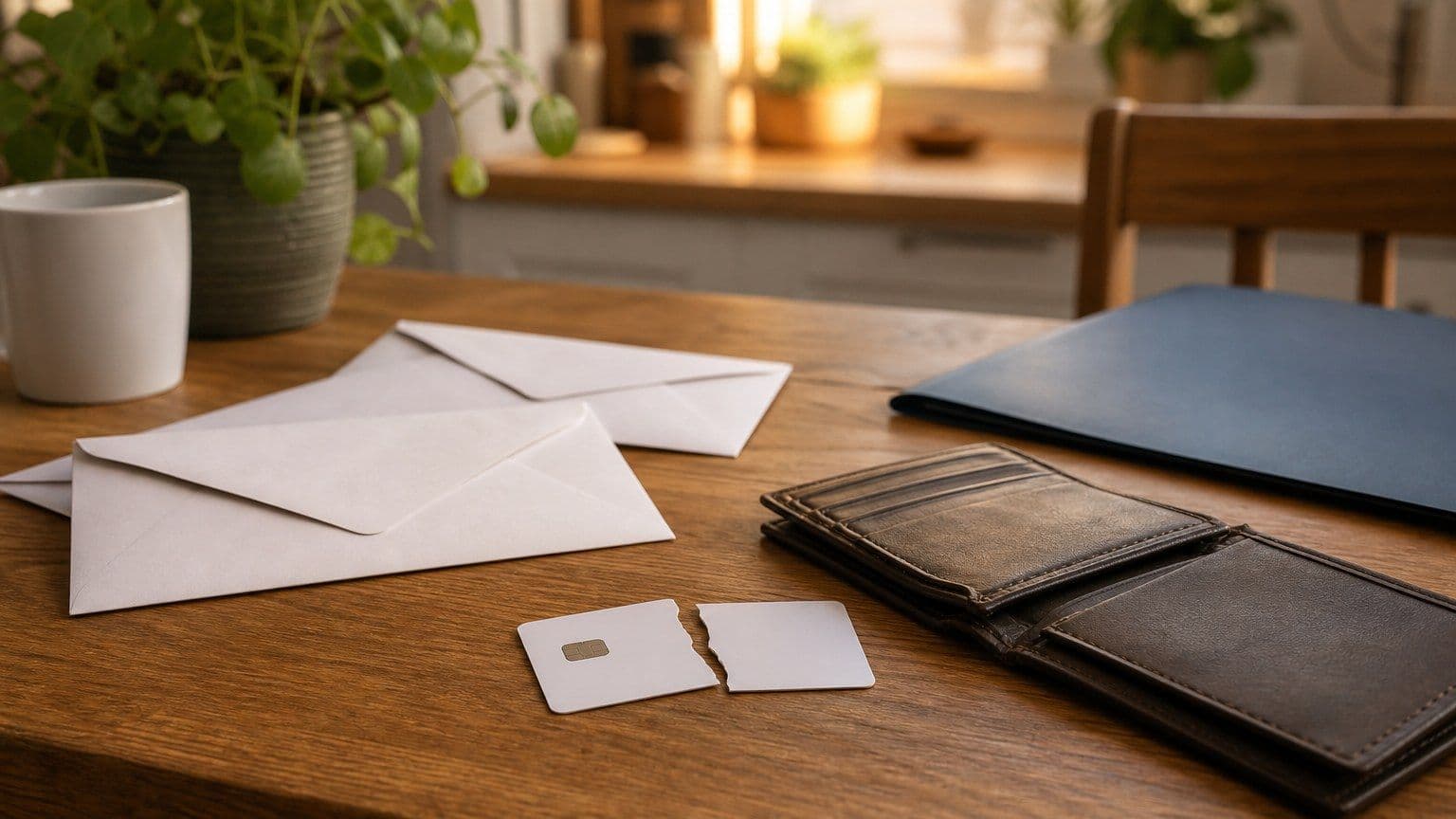 A blank cut-up payment card, empty wallet slot, and bill envelopes on a kitchen table.