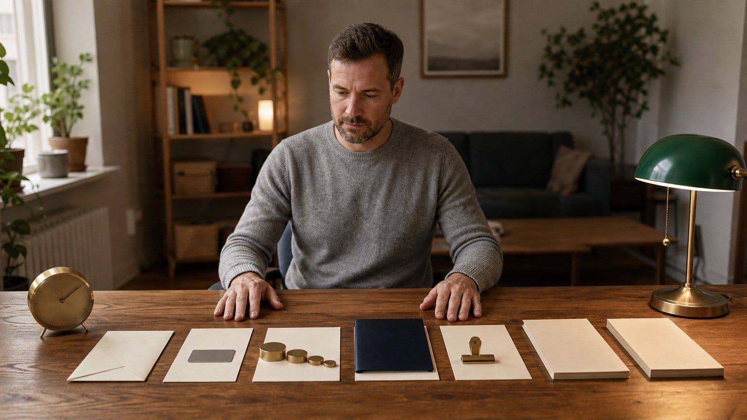 An American adult follows a credit-repair routine using blank payment cards, account folders, balance tokens, and a clock.