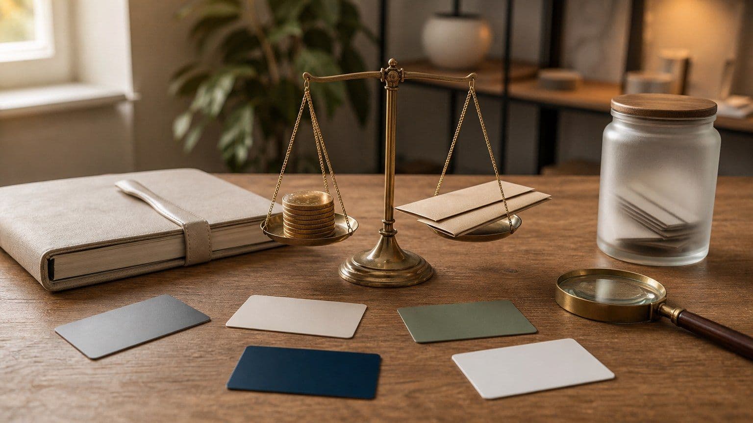 Blank credit cards arranged beside household budget items to compare no annual fee rewards and costs.