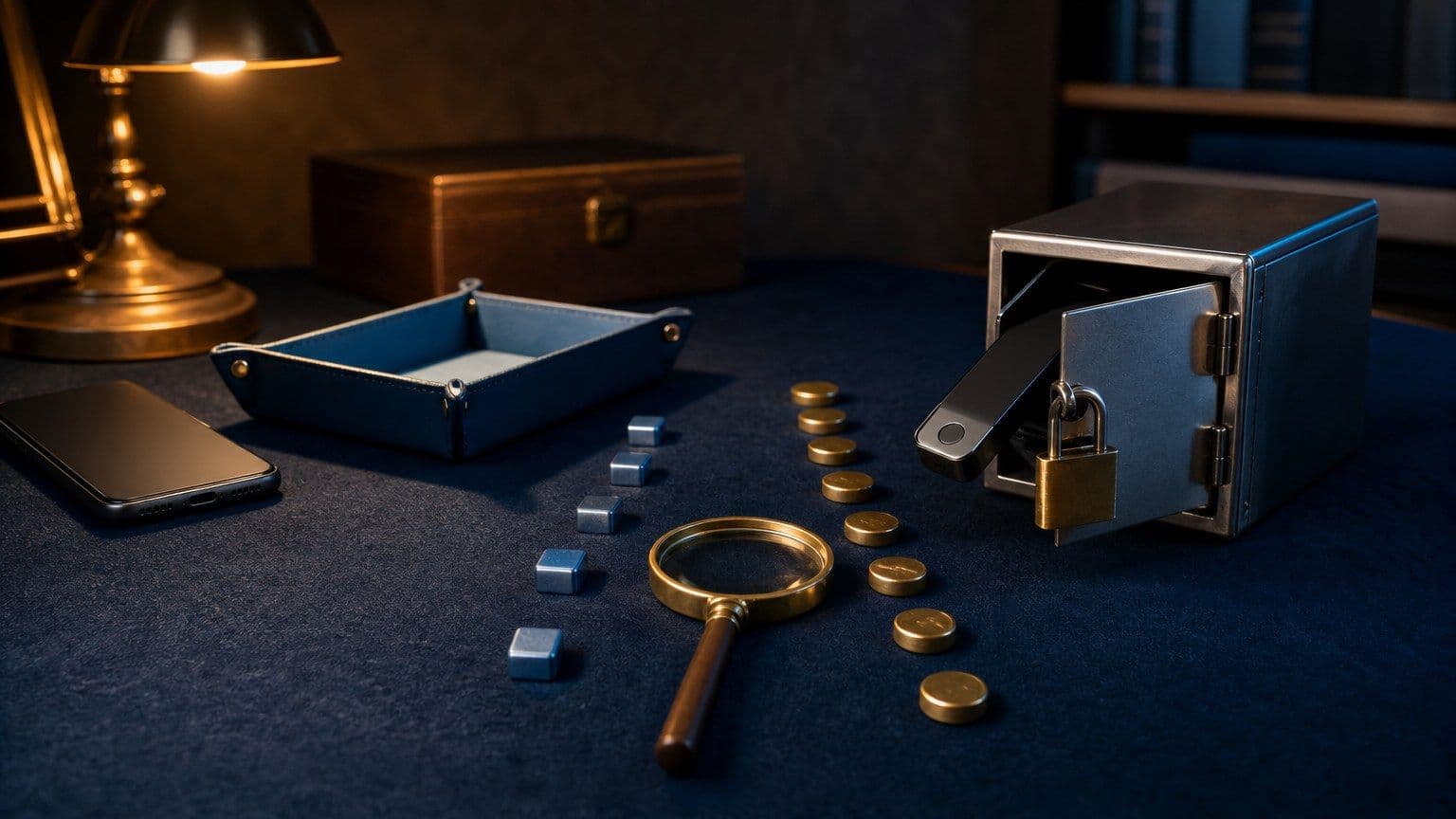 A hardware crypto wallet secured in a small lockbox beside a phone and unmarked token cubes.
