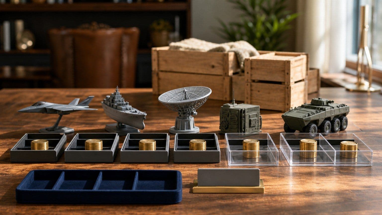 Defense industry models and seven brass investment positions illustrate stocks and sector funds.
