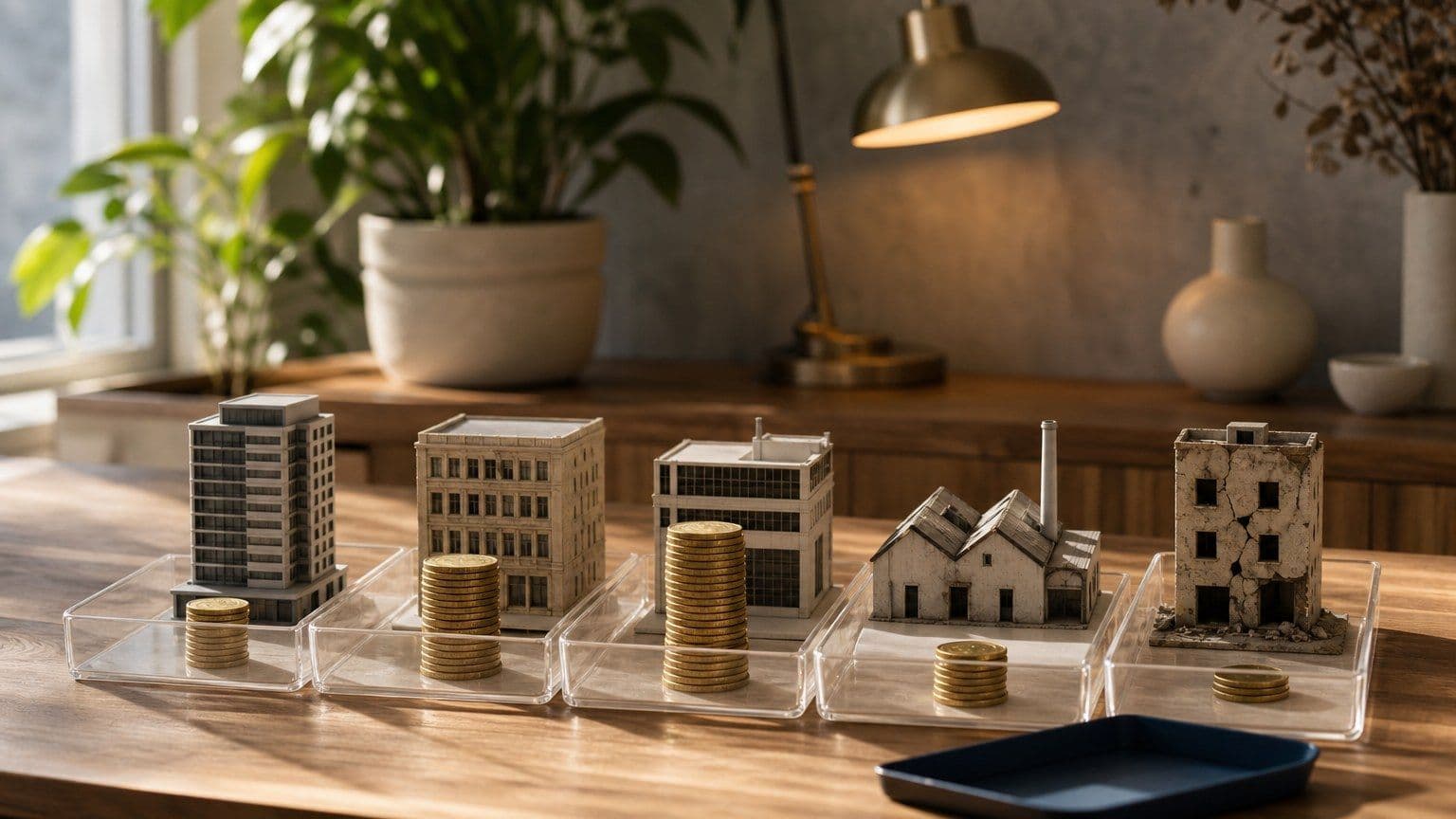 Solid and cracked company models sit in separate valuation trays beside blank brass investment discs.