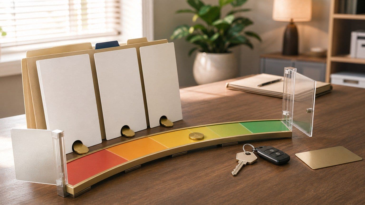 A physical red-to-green credit scale sits beside bureau folders, loan keys, and brass tokens.