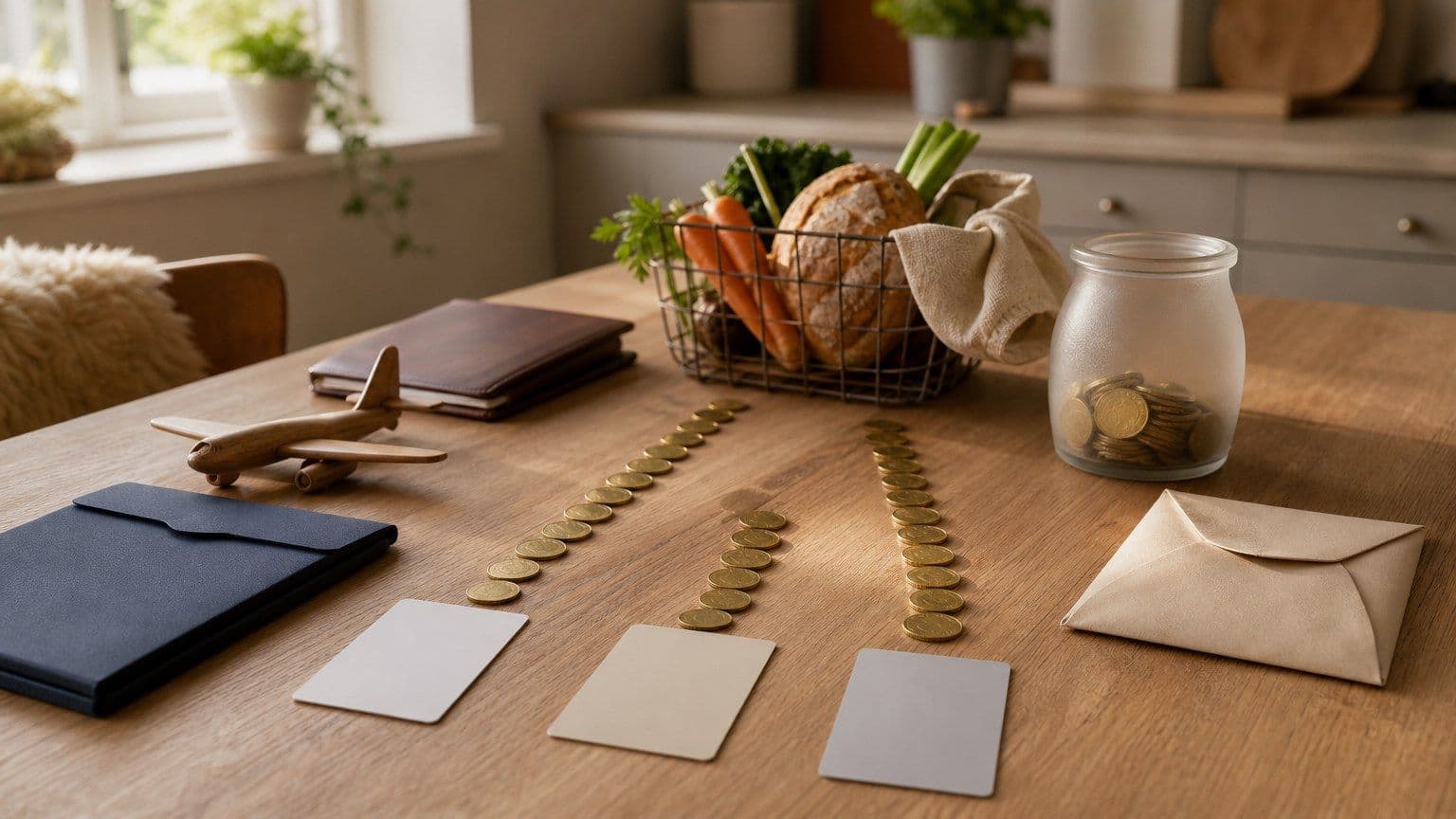 Three blank credit cards arranged with travel, grocery, and cash back reward props on a wooden table.