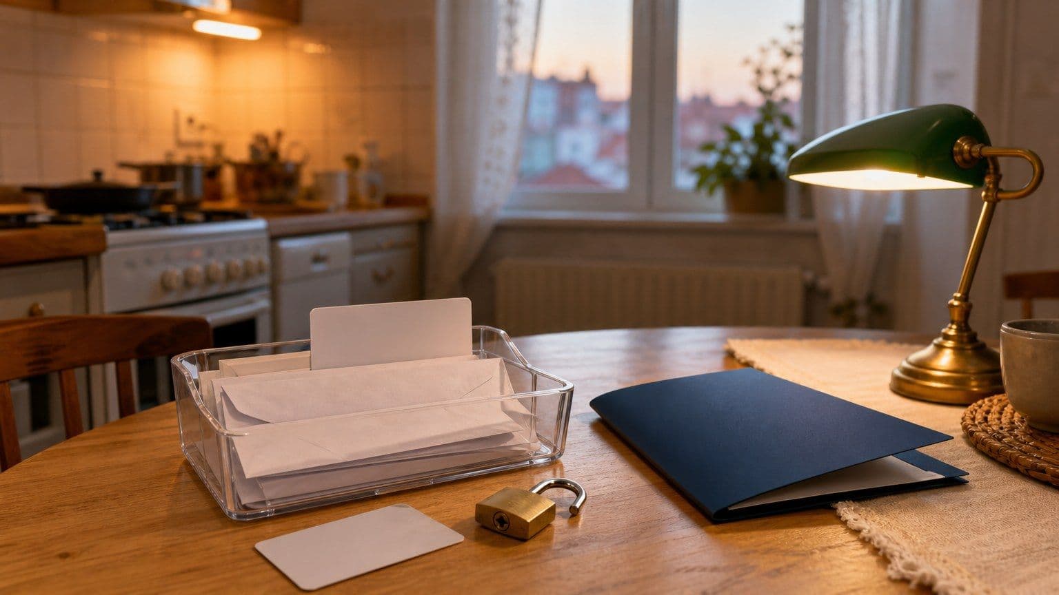 Blank secured credit card application materials, a padlock, and sealed envelopes on a kitchen table.