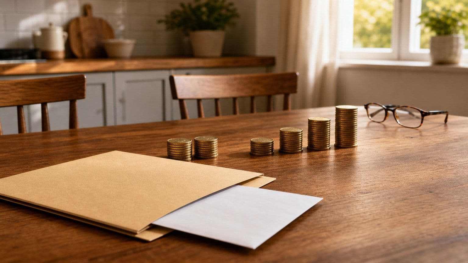 Blank retirement paperwork and rising stacks of coins on a kitchen table illustrate 401(k) savings benchmarks.