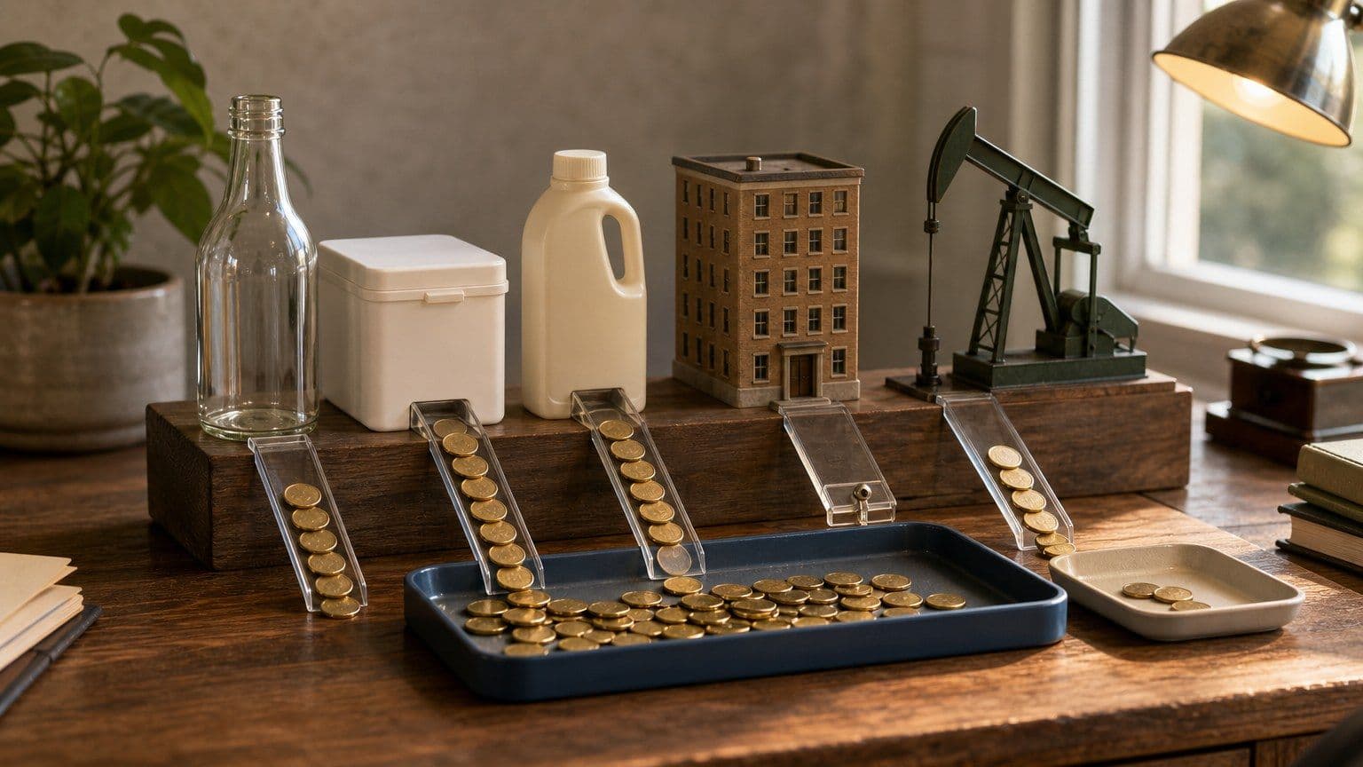 Five unbranded business models send brass dividend tokens into a shareholder income tray.