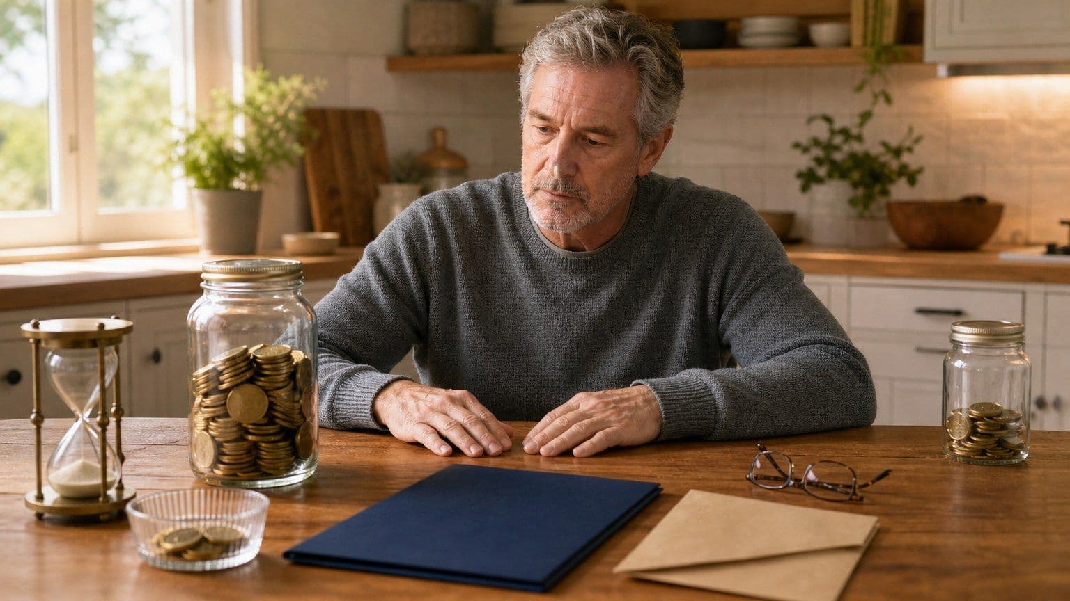 An older American adult reviews a retirement withdrawal decision at a kitchen table with savings jars and blank account folders.
