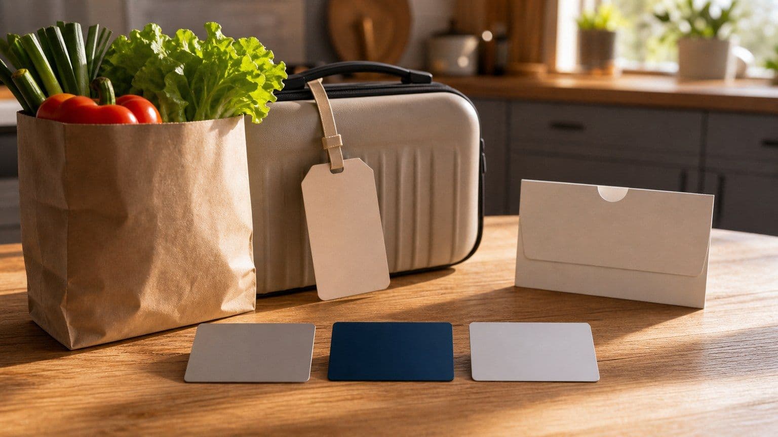 A blank rewards credit card setup with grocery, travel, and gift-card reward objects on a kitchen table.
