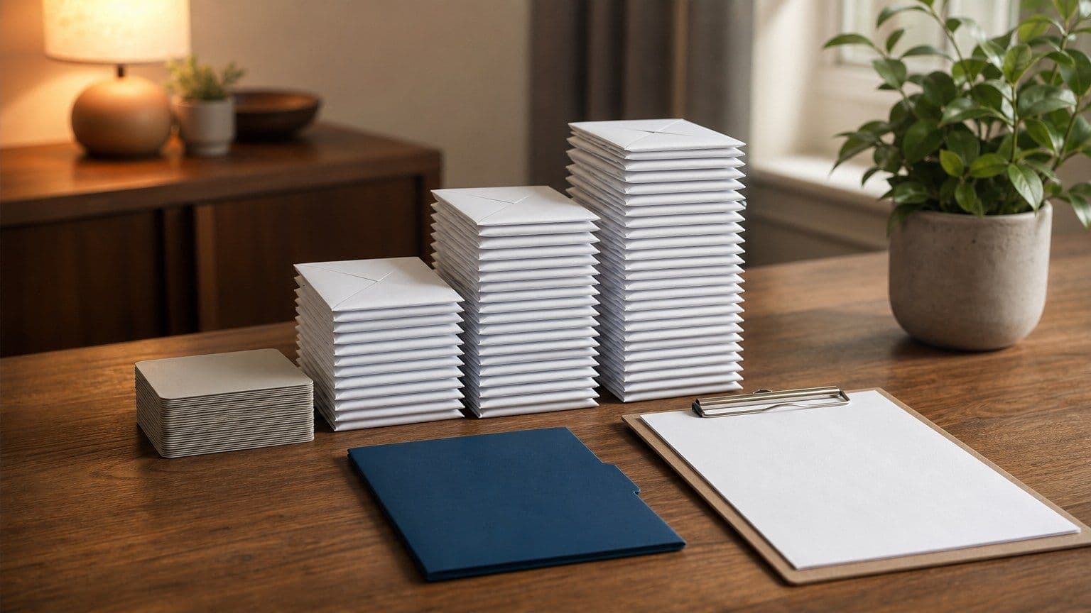 Blank loan envelopes and card-shaped forms are stacked like a bar chart on a wooden table.