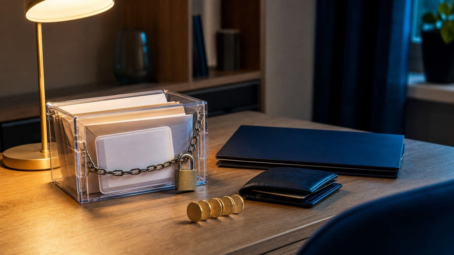A locked document box with blank ID cards, sealed envelopes, a wallet, and a padlock on a warm desk.