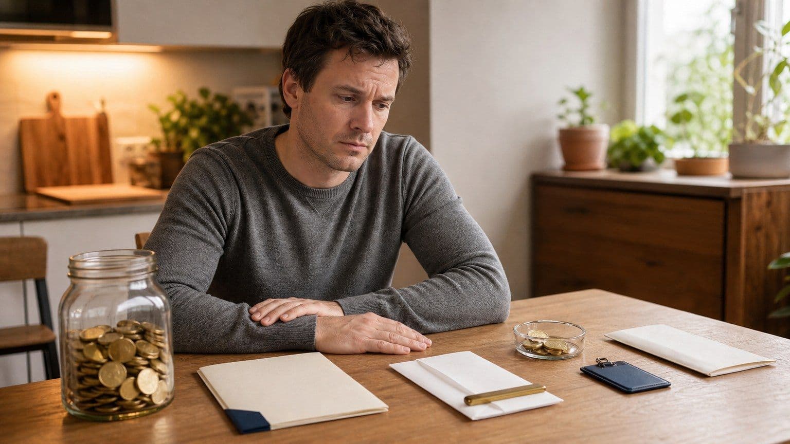 An American worker at a kitchen table reviews a retirement savings withdrawal decision with blank paperwork and a small tax dish.