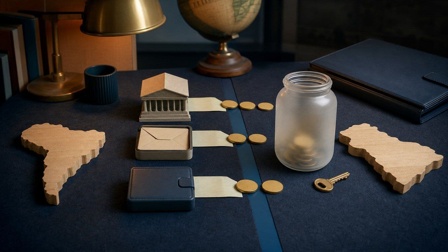 An editorial remittance desk shows blank transfer routes, brass discs, and a family budget folder for comparing money transfer apps.