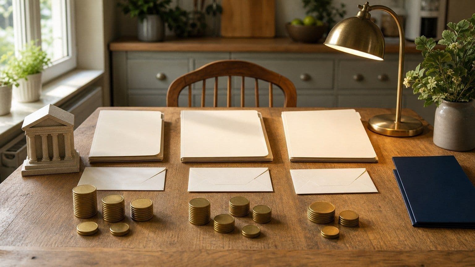 Blank loan folders, payment envelopes, and brass discs represent personal-loan market statistics.